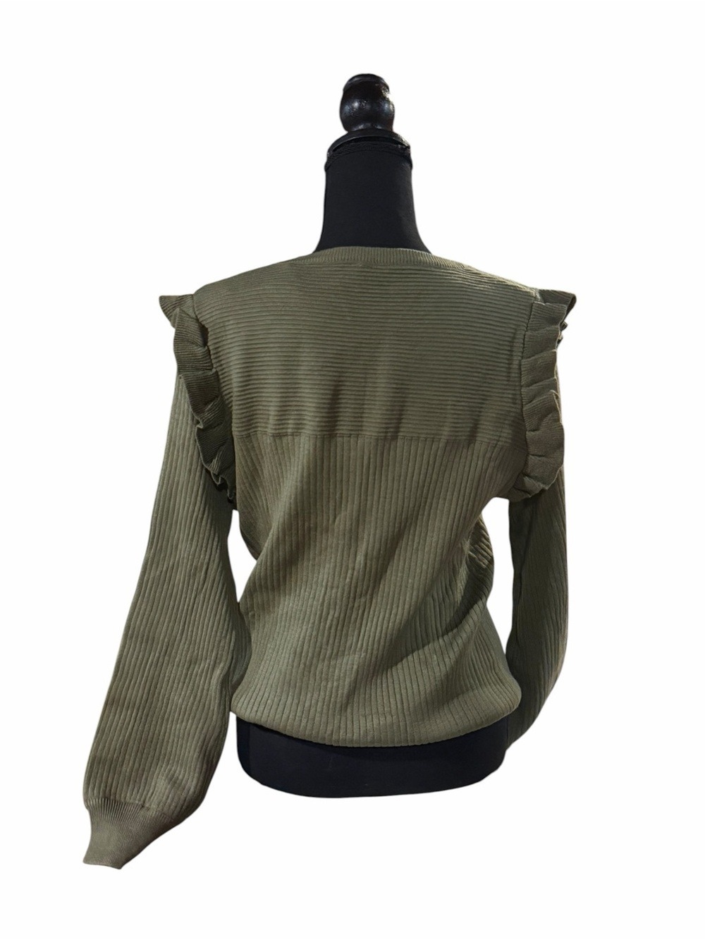 Deepself Olive Green Ruffle Shoulder Ribbed Knit Sweater Large - Picture 2 of 9